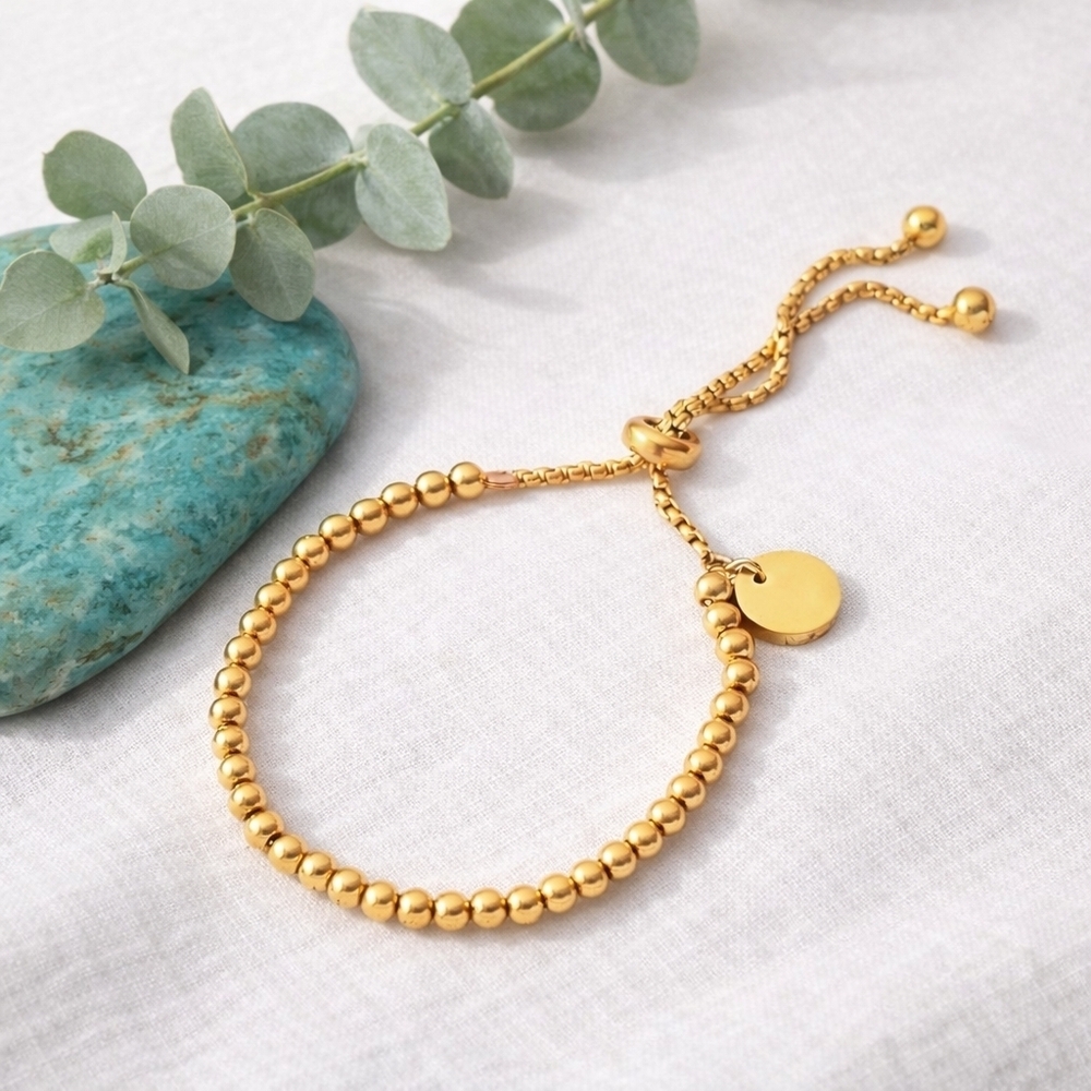 18K Gold Plated Stainless Steel Adjustable Beaded Bracelet Flat Circle Charm